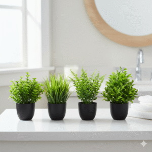 4 Pack Small Fake Plants – Artificial Eucalyptus with Black Pots for Bathroom, Kitchen, and Office Decor