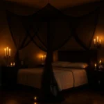 Black Gothic Bed Canopy Curtains – Modern Polyester Mosquito Net Drapes for Full, Queen & King Size Beds, IndoorOutdoor Canopy for Bedroom & Halloween Decor