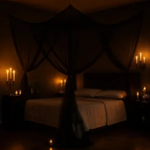 Black Gothic Bed Canopy Curtains – Modern Polyester Mosquito Net Drapes for Full, Queen & King Size Beds, IndoorOutdoor Canopy for Bedroom & Halloween Decor