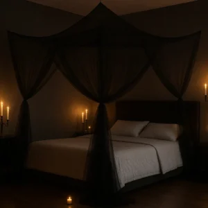 Black Gothic Bed Canopy Curtains – Modern Polyester Mosquito Net Drapes for Full, Queen & King Size Beds, IndoorOutdoor Canopy for Bedroom & Halloween Decor