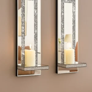 Crystal Crush Diamond Mirrored Candle Sconces, Silver Wall Candle Holder Set of 2, Rectangle Stripe Style