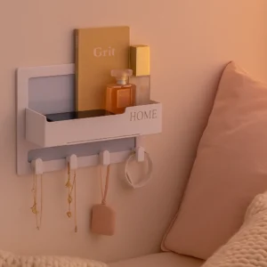 Floating Bedside Shelf Organizer – Wall Mount Self Stick On Shelf with Hooks