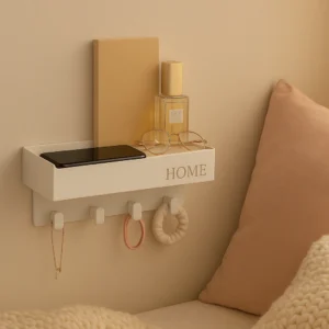Floating Bedside Shelf Organizer – Wall Mount Self Stick On Shelf with Hooks