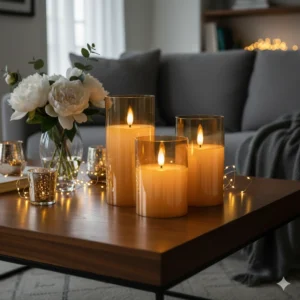 Glass Battery Operated LED Flameless Candles with Remote & Timer, Real Wax Flickering Candles for Wedding, Festival & Home Decor (Pack of 3) – Gold