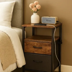 Nightstand with Charging Station, Side Table with Fabric Drawers, End Table with Open Shelf, Bedside Table with USB Ports and Outlets, Night Stand for Bedroom, Rustic Brown and Black