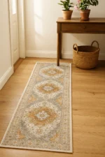 Washable Runner Rug 2x8 – Non-Slip Low-Pile Vintage Hallway & Kitchen Rug (Turmeric/Grey)