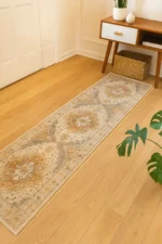 Washable Runner Rug 2x8 – Non-Slip Low-Pile Vintage Hallway & Kitchen Rug (Turmeric/Grey)