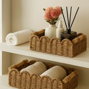 Paper Rope Scalloped Edge Decor Baskets for Home, Living Room, Bedroom, Toilet Basket for Over Toilet Storage Shelf, End Table, Shelves and More, Both Storage & Decor, Set of 2 Neutral