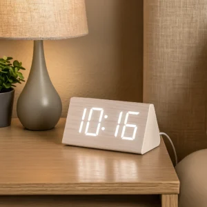 Wooden Digital Alarm Clock with Large LED Display, USB Charging Port, Adjustable Brightness and Volume, Snooze, and DST Function for Bedroom, Living Room, or Office