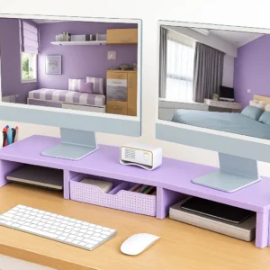 Dual Monitor Stand Riser, Desk Organizer with Drawer and 2 Pen Holders, Metal Desktop Shelf with Storage, Purple Office Decor
